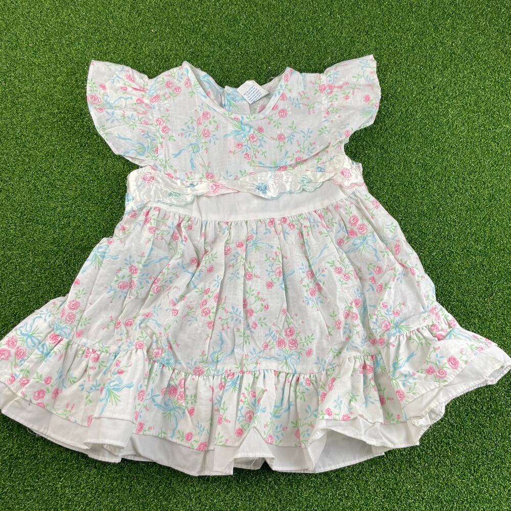 Vintage Babyfair Baby Girls Pink Blue Floral Ruffle Embroidered Dress Sz 3T